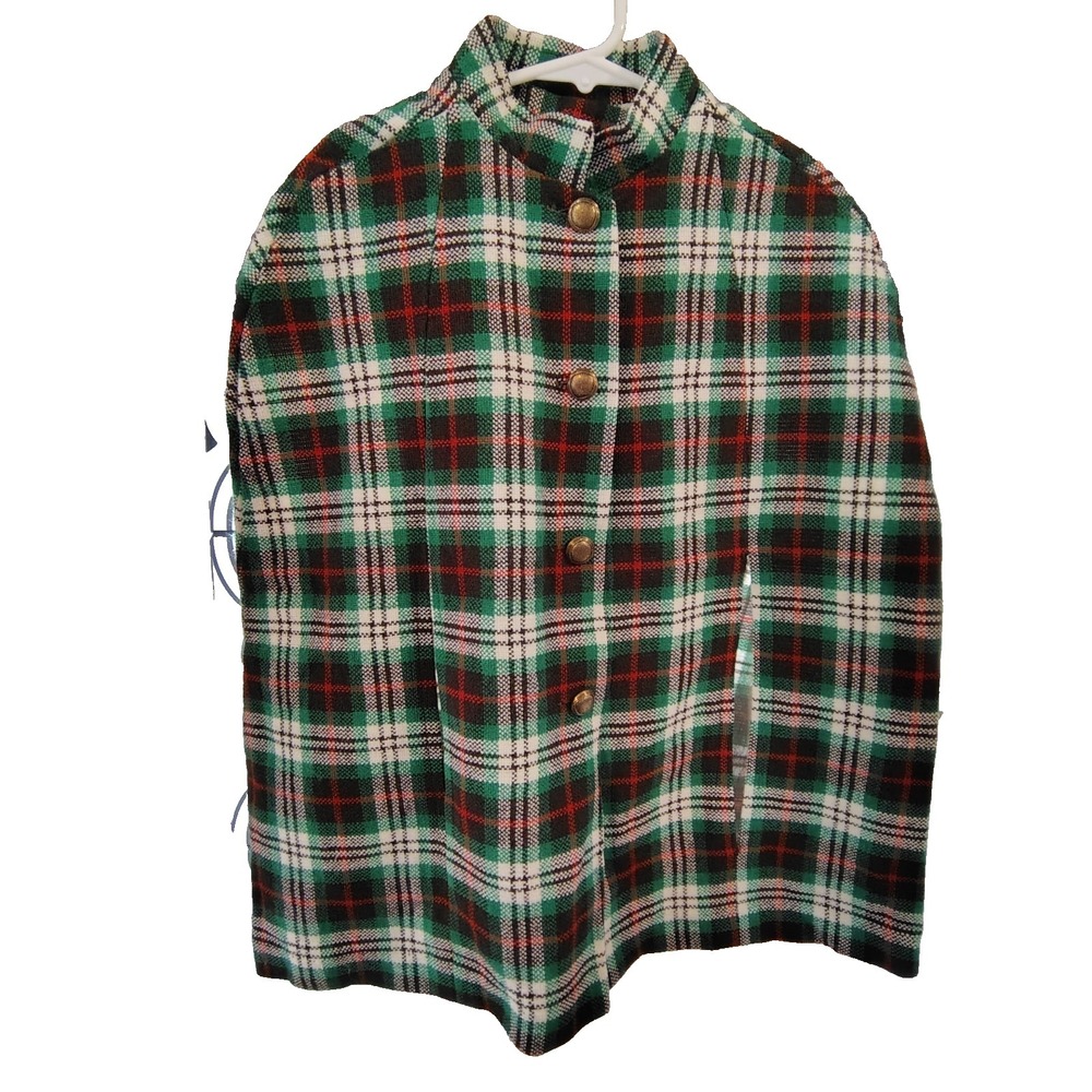 Vintage Girls Plaid Cape Coat Size‎ 10 Green Red Festive Holiday Tartan